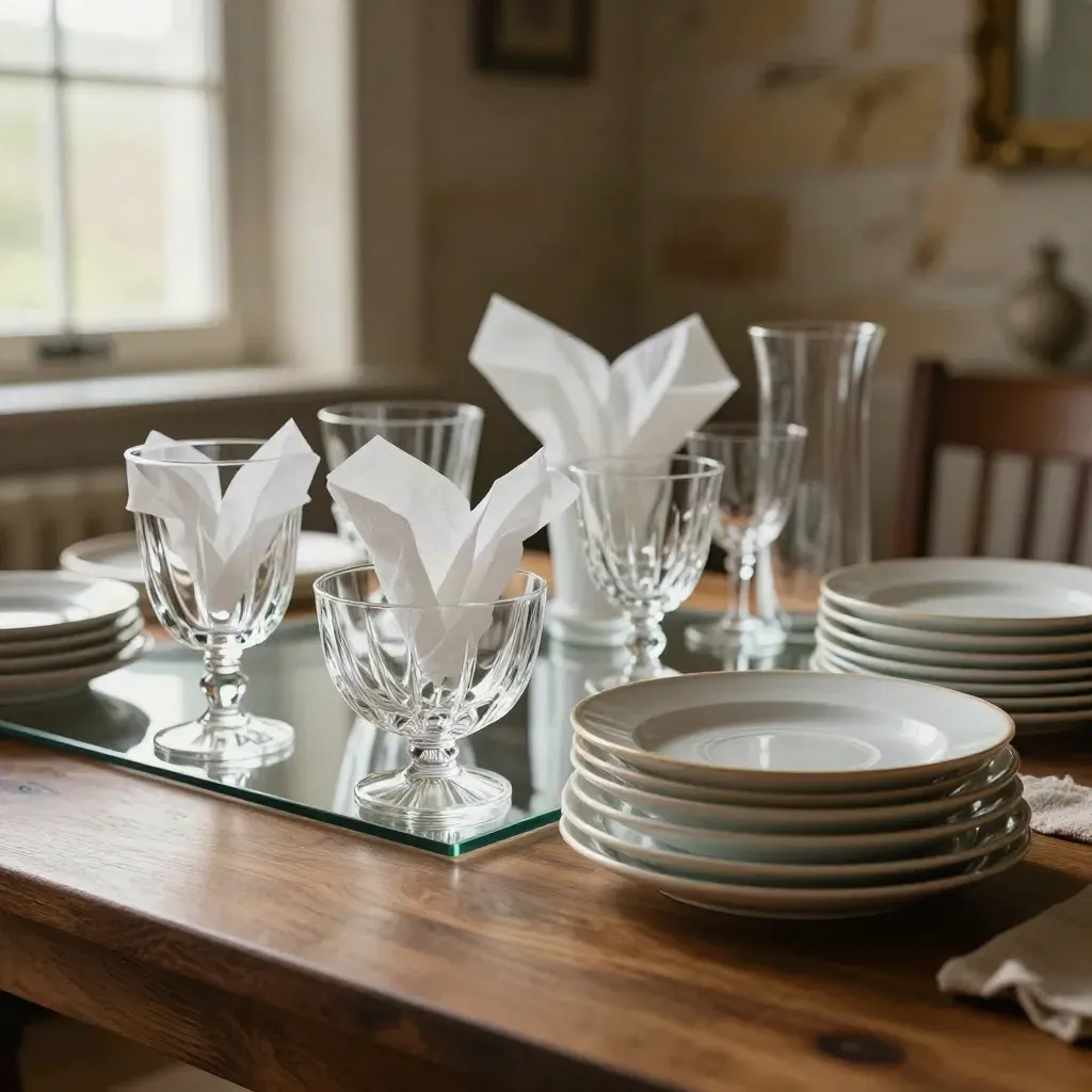 Wrapped stemware, crystal bowls, saucers, and a tall vase glowing in warm barn light on a walnut table.