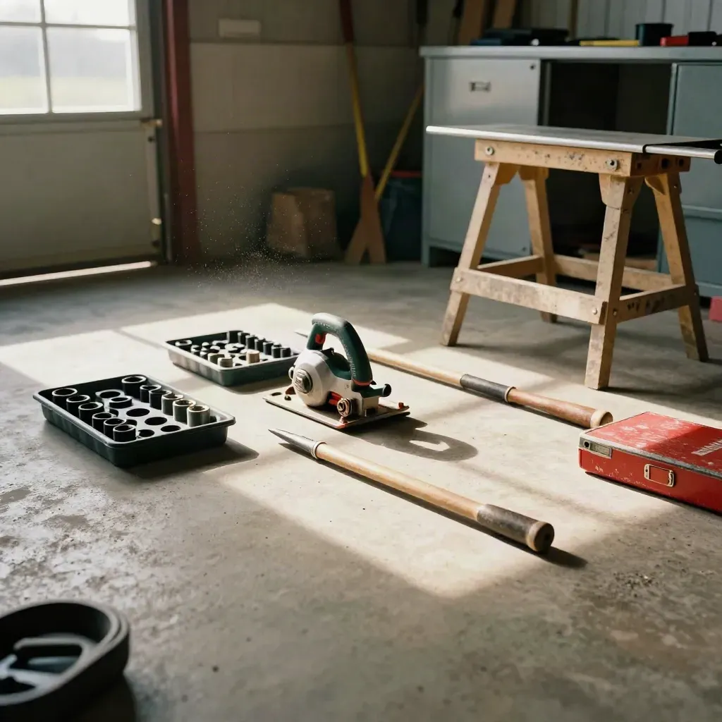 Garage floor tool run with sockets, saw, yard tools and an open cabinet in late sun.