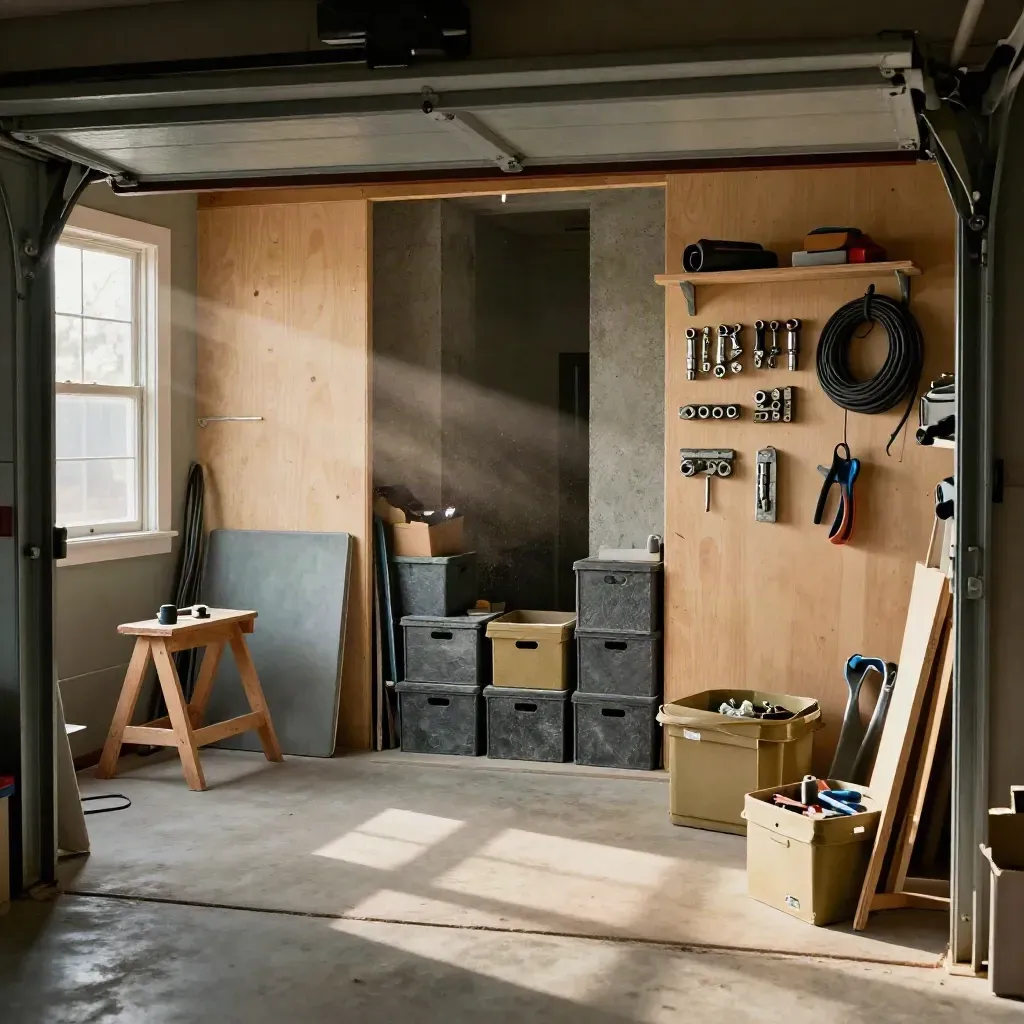 Warm garage cleanout with boxed tools, sawhorses, and a clear concrete lane in late afternoon light.