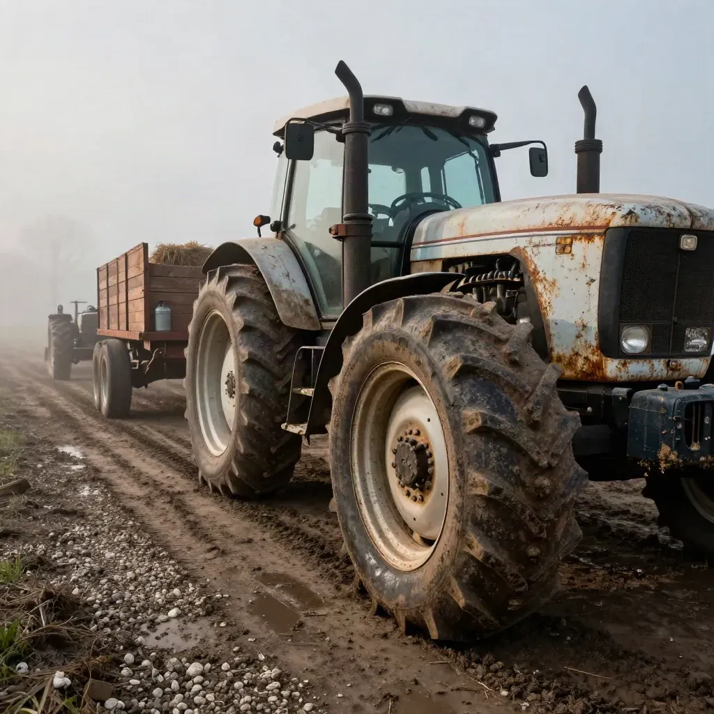 Foggy dawn farm-auction yard with a huge tractor tire, wagons, fuel cans, and muddy ruts in motion.