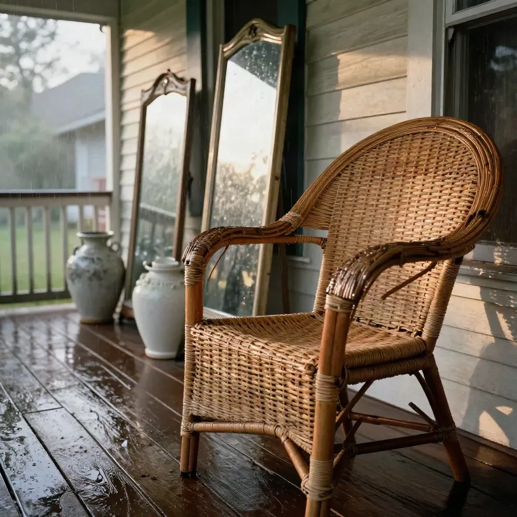 Rainy estate-sale porch with wicker chairs, mirrors, and ceramic urns in warm afternoon light.