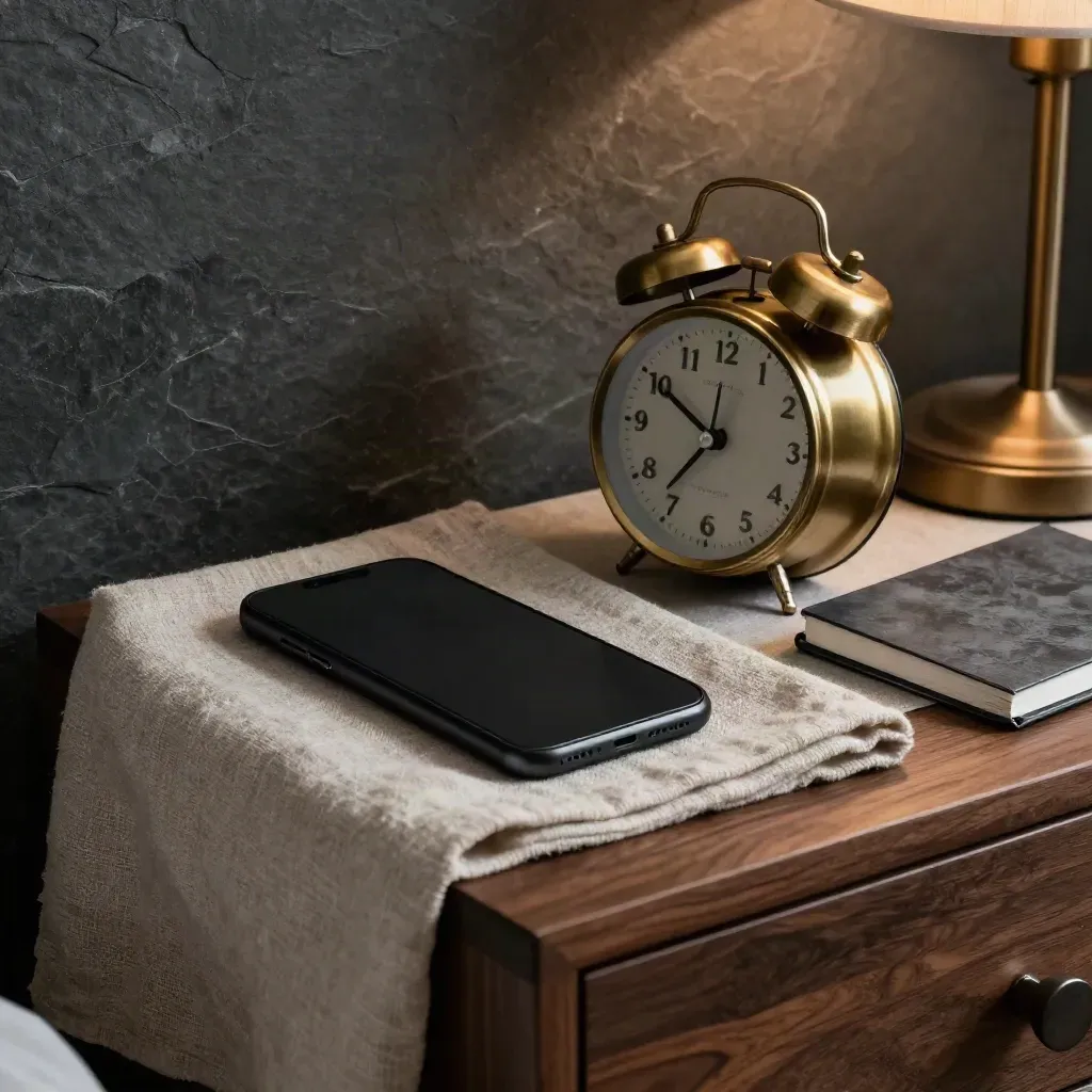 Bedside phone, brass alarm clock, and notebook on a linen runner in dim lamplight.