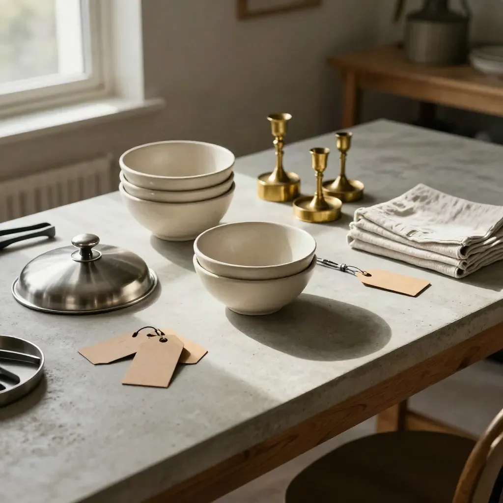 Top-down reseller workbench with kitchenware, decor boxes, and turned-away tags in warm window light.