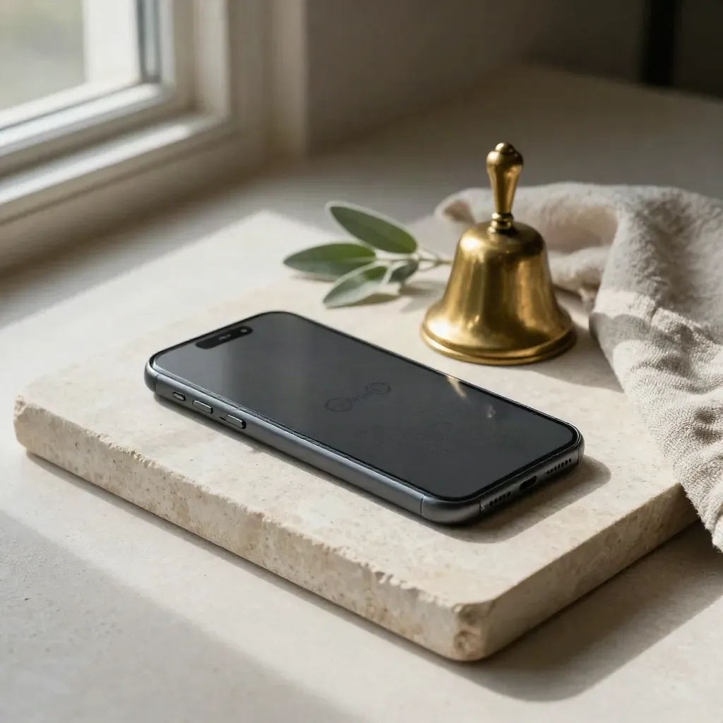 Graphite phone, brass bell and linen on a stone tray with greenery, softly lit.
